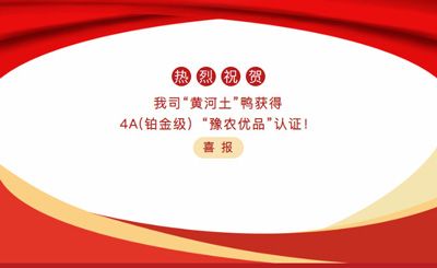 【喜報】—我司黃河土鴨獲4A(鉑金級）“豫農(nóng)優(yōu)品”認(rèn)證！